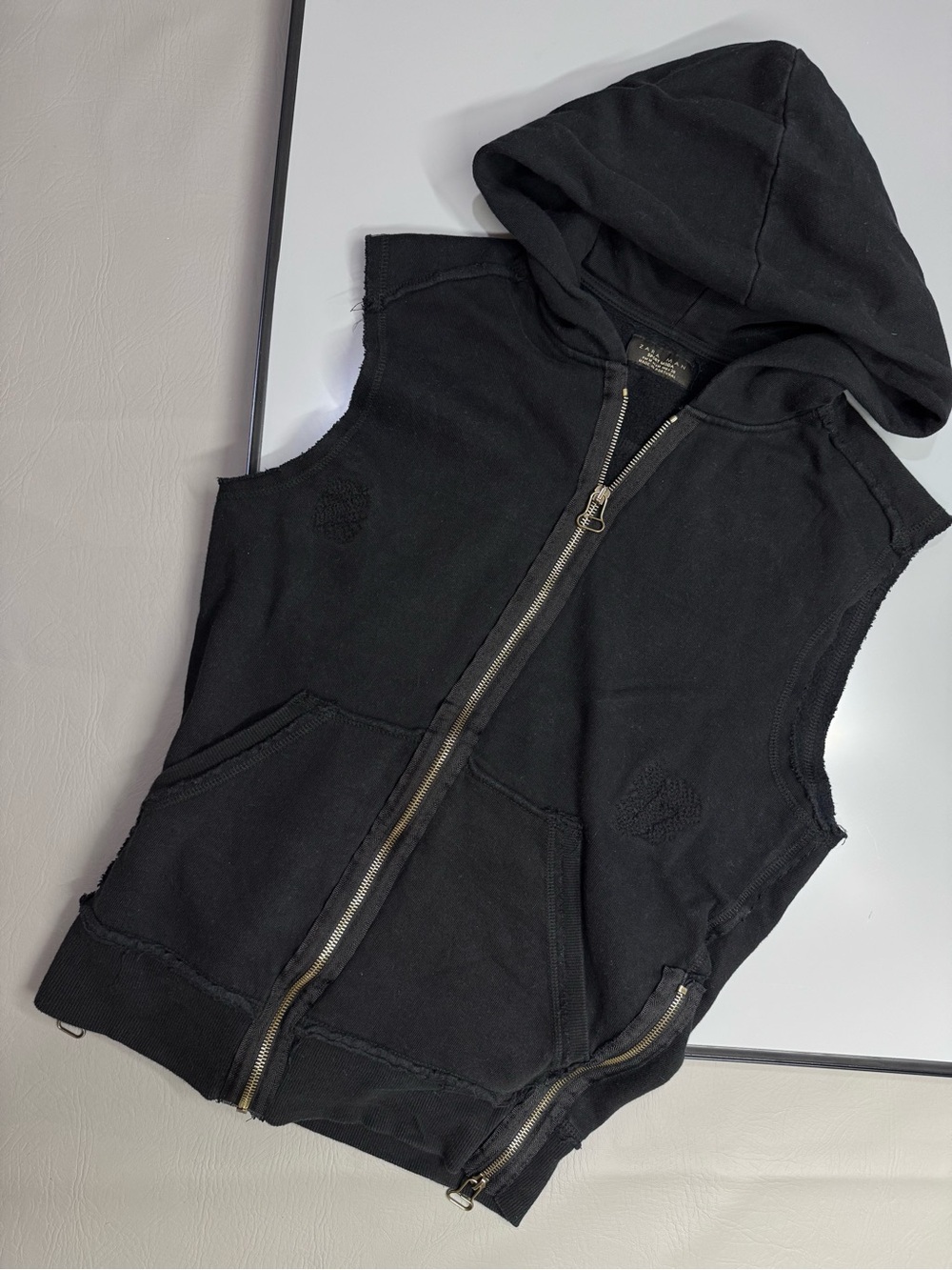 Zara Man Black Distressed Zip-Up Utility Vest Size M